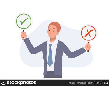 businessman holding right or wrong,true or false, correct and incorrect sign. Making decision. Flat vector illustration.