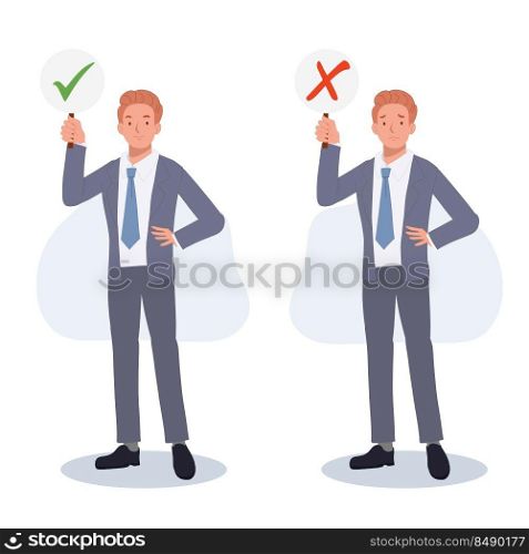 Businessman holding signboard, Positive and negative signs.true, false,do, don’t.flat vector cartoon character illustration.