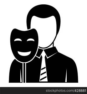 Businessman holding smile mask icon. Simple illustration of businessman holding smile mask vector icon for web. Businessman holding smile mask icon, simple style