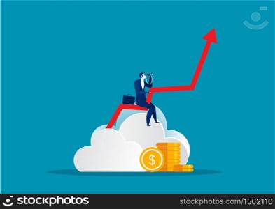 Businessman holding spyglass looking for opportunities up growth arrow to future Vector illustration in flat style