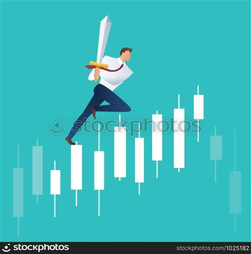 businessman holding sword on candlestick graph , concept of stock exchange vector illustration