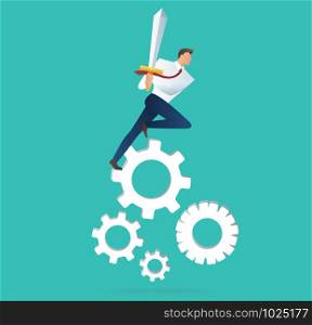 businessman holding sword on gear icon, concept of motivation for achievement vector illustration