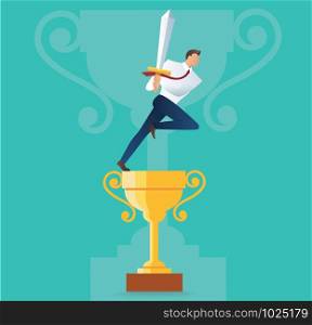 businessman holding sword on the gold trophy, business concept of successful vector illustration