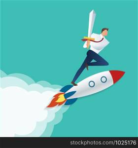 businessman holding sword on the jet rocket, business concept to successful vector illustration
