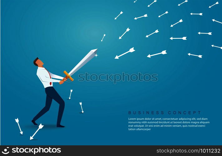 businessman holding sword to protecting arrow down vector illustration