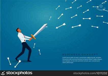 businessman holding sword to protecting arrow down vector illustration