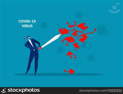 businessman holding sword to protecting covid 19 corona virus vector illustration