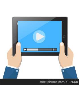 Businessman holding tablet computer with video player on the screen in the human hands, vector illustration