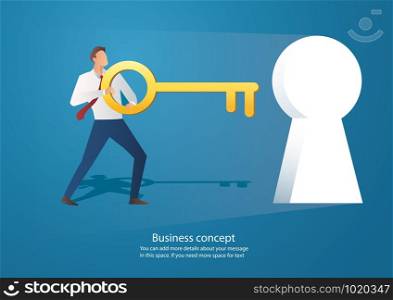businessman holding the big key into keyhole vector