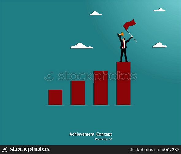 Businessman holding the flag and standing on the top of red graph, Growth Chart, Mission business to goal, Success concept, Target, Achievement, Motivation, Ambition, Vector illustration flat