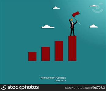 Businessman holding the flag and standing on the top of red graph, Growth Chart, Mission business to goal, Success concept, Target, Achievement, Motivation, Ambition, Vector illustration flat