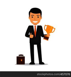 Businessman holding trophy and smiling. Businessman man standing with thumb up sign icon. Vector illustration. Businessman holding trophy