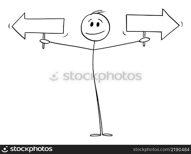 Businessman holding two directional arrows, choose your path, vector cartoon stick figure or character illustration.. Person or Businessman Holding Two Arrows, Vector Cartoon Stick Figure Illustration