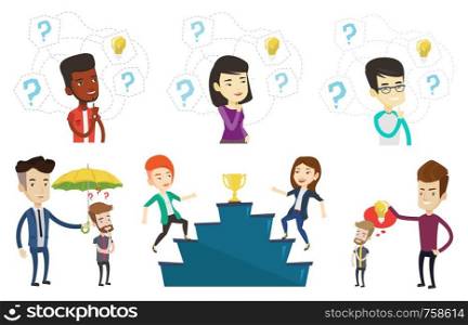 Businessman holding umbrella over young man. Man standing under umbrella and question marks. Concept of protection and insurance. Set of vector flat design illustrations isolated on white background.. Vector set of business characters.