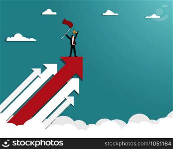 Businessman holding up a gold trophy cup with success flag on top of arrows. Business, Success, Leadership, Achievement, People successful career concept, Vector illustration flat