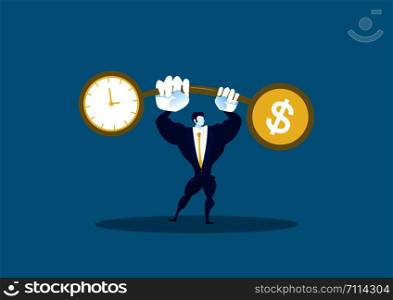Businessman holding weights balance scales currency comparison dollar finance with time business concept vector