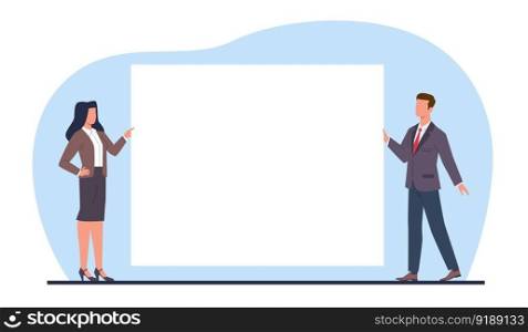 Businessman holding white placard. Woman and man in office suit stand and hold poster. Billboard in hands. Empty space for text. Sheet or document. Cartoon flat isolated illustration. Vector concept. Businessman holding white placard. Woman and man in office suit stand and hold poster. Billboard in hands. Empty space for text. Sheet or document. Cartoon flat isolated vector concept
