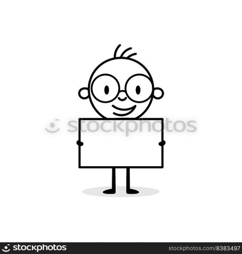 Businessman holds a blank banner isolated on white background. Hand drawn doodle man. Vector stock illustration.
