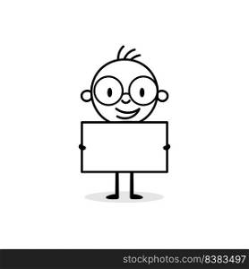 Businessman holds a blank banner isolated on white background. Hand drawn doodle man. Vector stock illustration.