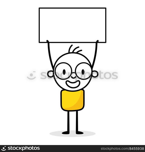 Businessman holds a blank banner isolated on white background. Hand drawn doodle man. Vector stock illustration.