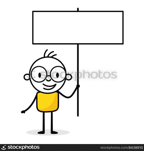 Businessman holds a board isolated on white background. Hand drawn doodle man. Vector stock illustration.
