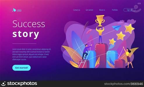 Businessman holds a cup on top of column graph. Key to success and success story, business chance, on the way to success concept on white background. Website vibrant violet landing web page template.. Key to success concept landing page.