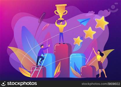 Businessman holds a cup on top of column graph. Key and way to success, success story, business chance and luck concept on ultraviolet background. Bright vibrant violet vector isolated illustration. Key to success concept vector illustration.