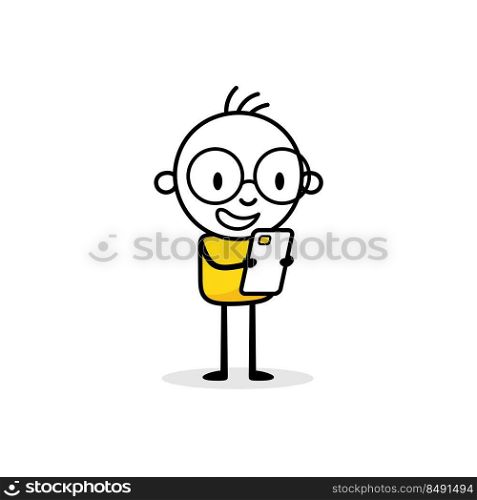 Businessman holds a mobile phone in his hands. Hand drawn doodle man isolated on white background. Vector stock illustration.