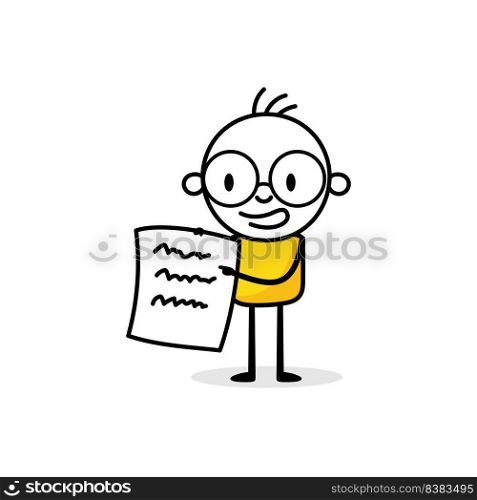 Businessman holds a paper sheet on white background. Hand drawn doodle man. Vector stock illustration.