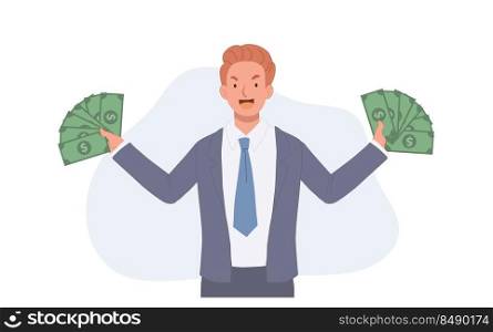 Businessman holds lot of money in hands, financial success, growth. Flact vector illustration