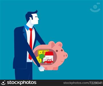 Businessman holds piggy bank and dreams. Concept business vector, Planning, Future financial, Saving and investing.