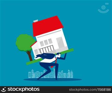 Businessman home carrying on back. Concept business vector illustration, Loan, Risk, Debt.
