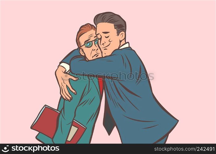 Businessman hugs. A man embracing another. Support and care. Comic cartoon pop art retro vector illustration drawing. Businessman hugs. A man embracing another. Support and care