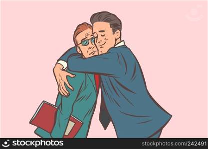 Businessman hugs. A man embracing another. Support and care. Comic cartoon pop art retro vector illustration drawing. Businessman hugs. A man embracing another. Support and care