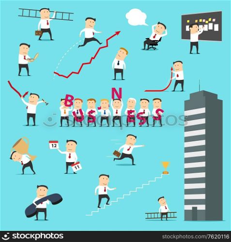 Businessman icons, business situations concept. Vector director or manager man with business letters, success achievement cup, calendar or growth chart arrow and development compass on career ladder. Businessman business situations concepts icons
