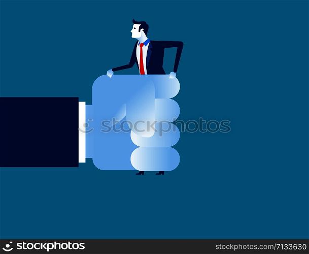 Businessman in a big hand. Concept business vector illustration.