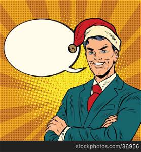 Businessman in a Christmas hat. Pop art retro vector illustration. The holidays and the New year. Businessman in a Christmas hat