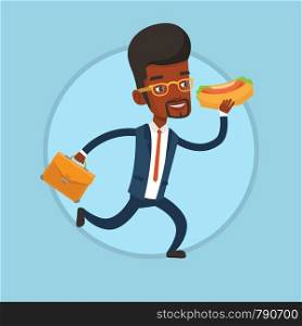 Businessman in a hurry eating hot dog. Businessman with briefcase eating hot dog on the run. Businessman running with hot dog. Vector flat design illustration in the circle isolated on background.. Businessman eating hot dog on the run.