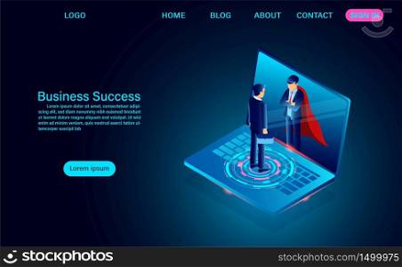 businessman in a suit standing looks in the mirror of the computer laptop screen and sees there a superhero. business success concept. flat isometric vector illustration