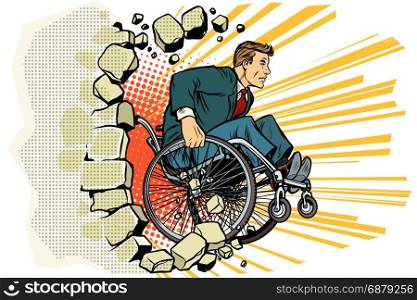 Businessman in a wheelchair. Disabilities and health. Barrier-free environment. Pop art retro vector illustration. Businessman in a wheelchair. Disabilities and health. Barrier-fr