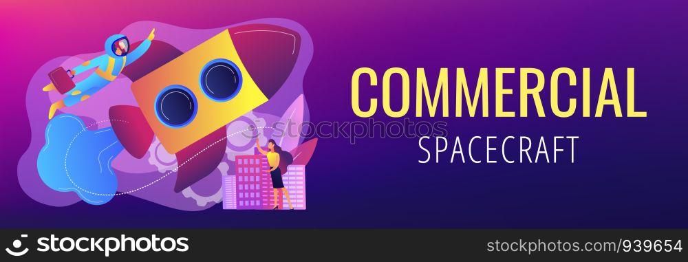 Businessman in astronaut costume flying up with rocket into space and tiny people. Space travel, space tourism, commercial spacecraft concept. Header or footer banner template with copy space.. Space travel concept banner header.