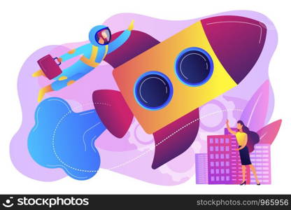 Businessman in astronaut costume flying up with rocket into space and tiny people. Space travel, space tourism, commercial spacecraft concept. Bright vibrant violet vector isolated illustration. Space travel concept vector illustration.
