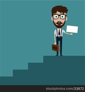 Businessman in black suit with suitcase climbing the stairs of success flat style vector illustration