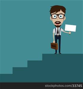 Businessman in black suit with suitcase climbing the stairs of success flat style vector illustration