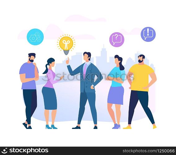 Businessman in Blue Formal Suit Has Good Idea, Innovation, Inspiration and Explaining to People Around in City View Landscape Background. Men and Women Communicating Cartoon Flat Vector Illustration. Businessman in Blue Formal Suit Has Good Idea