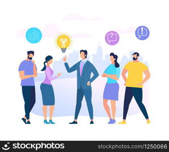 Businessman in Blue Formal Suit Has Good Idea, Innovation, Inspiration and Explaining to People Around in City View Landscape Background. Men and Women Communicating Cartoon Flat Vector Illustration. Businessman in Blue Formal Suit Has Good Idea