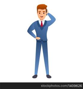Businessman in call icon. Cartoon of businessman in call vector icon for web design isolated on white background. Businessman in call icon, cartoon style