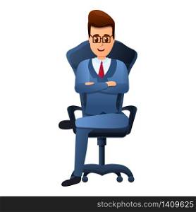 Businessman in chair icon. Cartoon of businessman in chair vector icon for web design isolated on white background. Businessman in chair icon, cartoon style