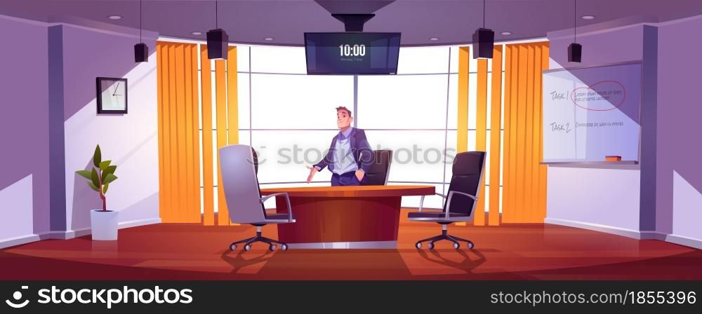 Businessman in conference room for meetings, presentation for team, discussion or training. Vector cartoon illustration of man in of boardroom in company office with table, chairs, screen and board. Businessman in conference room for meetings