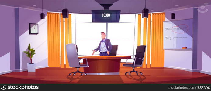 Businessman in conference room for meetings, presentation for team, discussion or training. Vector cartoon illustration of man in of boardroom in company office with table, chairs, screen and board. Businessman in conference room for meetings